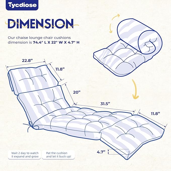 Outdoor Chaise Lounge Chair Cushion Set of 4, Waterproof 74.4 x 22 x 4.7 Inches Memory Foam Thickened Lounge Chair Cushions Replacement for Outdoor Furniture with Ties, Stripe Blue&White
