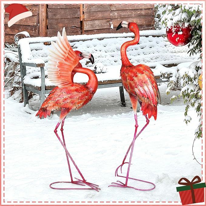 Garden Statues Large Metal Flamingo Sculptures, Set of 2 Red | Outdoor Metal Statue Yard Art for Garden Decor, Realistic Birds Art, Standing Lifelike, Water&Rust-Proof