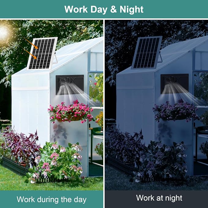Solar Powered Fan with Battery Run Day/Night, 15W Solar Fan for Chicken Coop with 16.4Ft Cable,3/6H Timer, Waterproof Greenhouse Fans for Shed, Chicken Coop,Ventilation