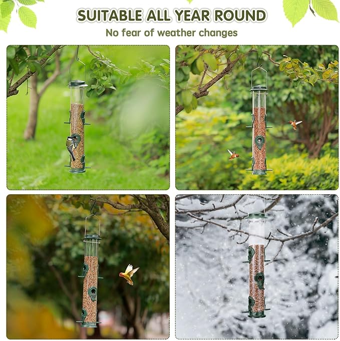 Metal Bird Feeder Tube Hanging Wild Bird Seed Feeder Aluminum Six Port Bird Feeders,1.4 mm Extra Thick Solid Tube Transparent with Steel Hanger Great for Attracting Birds (Green 2PK)