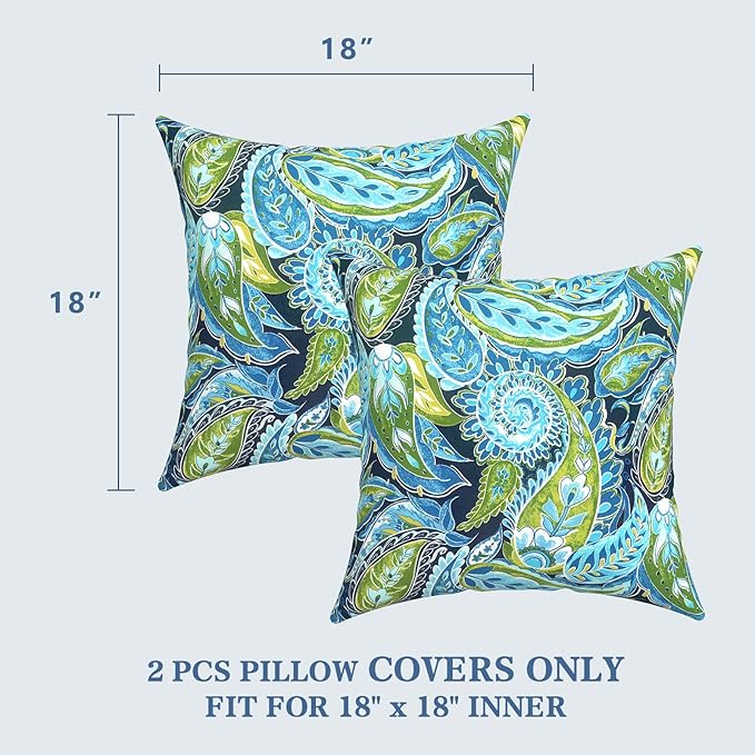 LVTXIII 2 Pack Outdoor Pillow Covers ONLY 18x18 Inch, Water-Repellent Square Decorative Cushion Covers for Patio Furniture, Garden, Sofa, Paisley Lapis Green