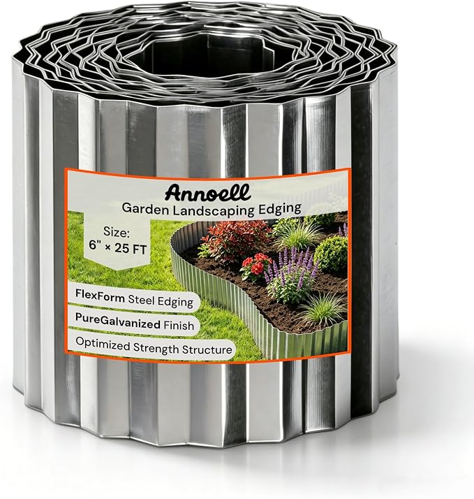 Corrugated Metal Garden Edging 6" x 25 ft, Landscape Edging Border | Fully Hemmed Edges, Galvanized Steel, Flexible Lawn Edging for Tree Rings, Flower Beds, Gravel Paths and Garden Borders