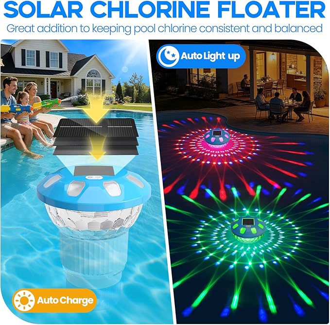 Pool Chlorine Floater, Solar Chlorine Floater with Colorful Lights, 3 Inch Chlorine Tabs Floater w/Adjustable Flow, Button Control Floating Chlorine Dispenser for Pools, Hot Tubs, Light Blue