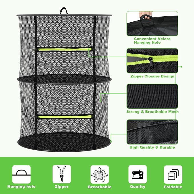 MEKOLIFE 2 Layer Herb Drying Rack, Collapsible Mesh Drying Rack, Small Hanging Drying Net with Green Zipper & Hooks, Indoor Outdoor for Drying Herbs, Socks, Underwear, Seafood & Camping Food (11.81")