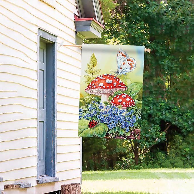 Morigins Welcome Mushroom Spring Garden Flag Double Sided Butterflies and Flower Farmhouse Spring Summer Seasonal Yard Decoration House Flag 28×40 inch