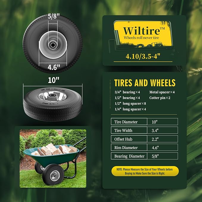(2 Pack) 4.10/3.50-4 Flat Free Tire and Wheel 10-Inch Solid Wheel Replacement with 5/8 Extra 3/4 &1/2 Bearings,2.2" Offset Hub -Compatible with Hand Truck,Wheelbarrow(Wave,Gray)