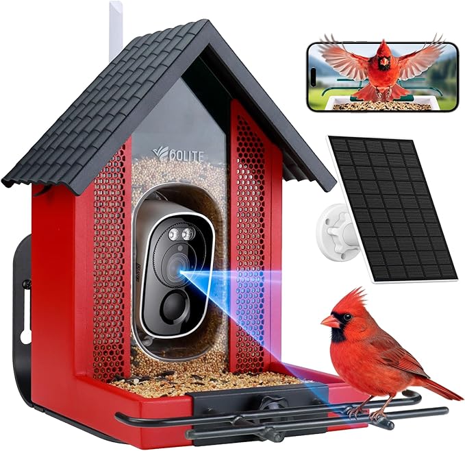 Smart Bird Feeder with Camera 2.5K HD, BOLITE Bird House for Outdoors, AI Auto-Capture & Motion Detection, Weatherproof Camera, Solar Powered, Ideal Gift for Men Women Mom Dad & Bird Lovers, Red
