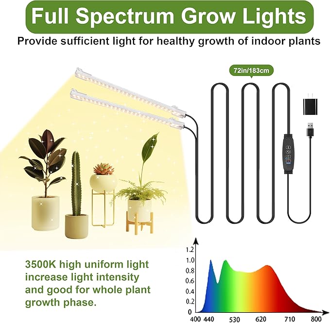 8.6'' LED Grow Light Strips, Full Spectrum 3500K Grow Lights for Indoor Plants, 2 Head with 3/9/12H Timer, 10 Dimmable Levels, Suitable for Seedling, Succulent, Plant Shelf and Greenhouse, 2-Pack