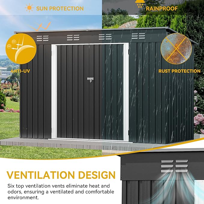 DWVO 8.5x3.5ft Large Outdoor Storage Shed, Metal Tool Sheds, Heavy Duty Tool Storage with Lockable Doors & Air Vent for Backyard Patio Lawn to Store Bikes, Tools, Lawnmowers, Dark Gray