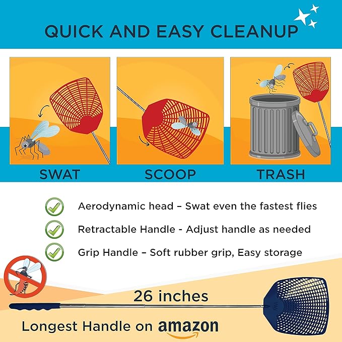 Bug & Fly Swatter – Retractable Extra Long Extendable Handle 6 Pack Fly Swatters – Indoor/Outdoor – Pest Control flyswatter
