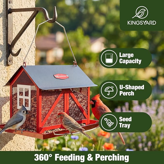 Kingsyard Metal Bird Feeder for Outdoors Hanging, 2-in-1 Wild Bird Feeder with Seed Tray & Built-in Perch, 5 lb Large Capacity for Cardinal Chickadee Finch, Red