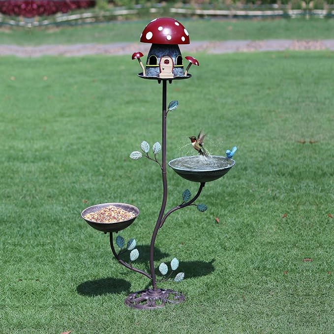 38" H Cast Iron Pedestal Bird Bath, BirdBaths for Outdoors with Metal Birdhouse Birdfeeder 3-in-1, Garden Yard Lawn Decor