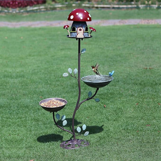 38" H Cast Iron Pedestal Bird Bath, BirdBaths for Outdoors with Metal Birdhouse Birdfeeder 3-in-1, Garden Yard Lawn Decor
