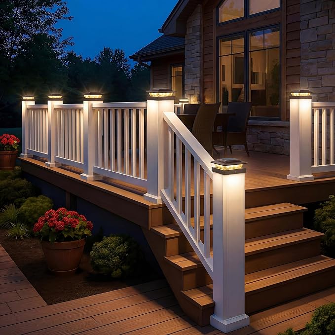 kolpop 4x4 Solar Post Cap Lights Outdoor 8Pack- 3 Color Temperatures&2 Level Brightness, IP65 Waterproof, 16 LED Fence Deck Post Light Solar Powered Only for 4×4/3.5×3.5 Wood/Vinyl Posts(Brown)