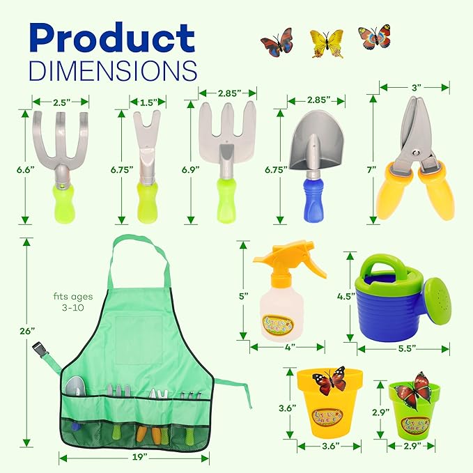 4E's Novelty 15 Piece Gardening Tools & Wagon Toy Set with Plastic Wheelbarrow, Apron, STEM Pretend Play Outdoor Toy for Toddlers Kids Boys Girls