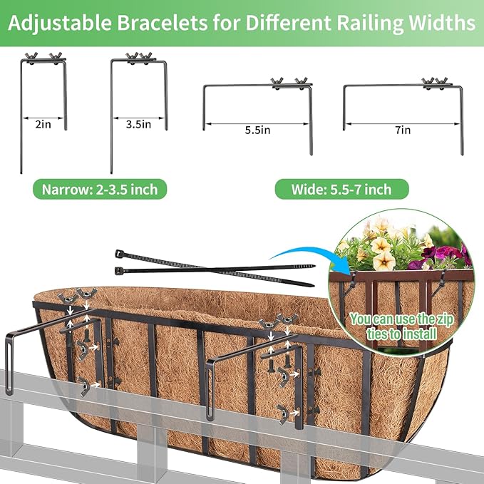 Legigo 2 Pack 24 Inch Window Boxes Railing Planter Box with Coconut Liner, Balcony Railing Planter Horse Trough Deck Window Planters, Metal Railing Hanging Flower Baskets for Outdoor Porch Fence Patio