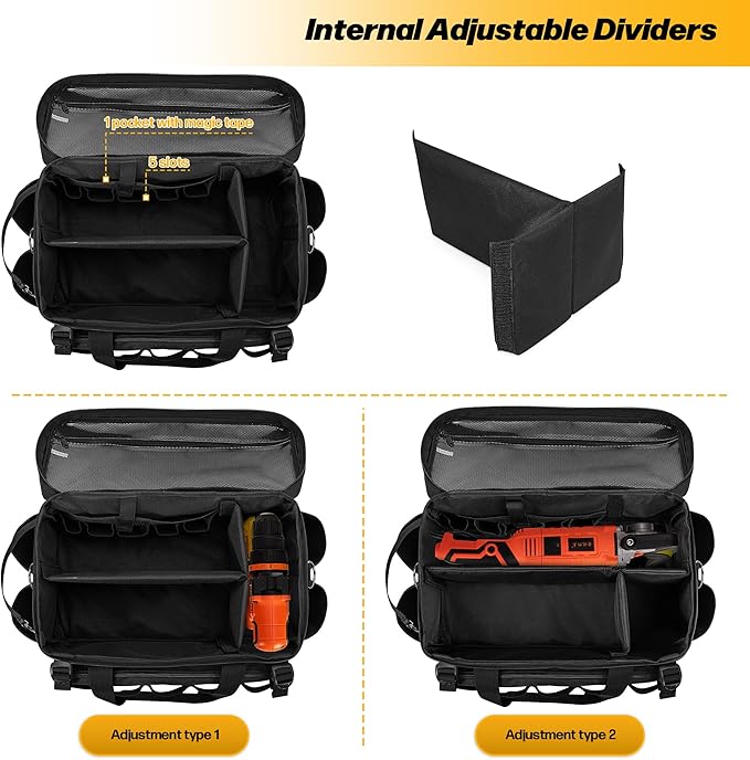 Rexmica 17-Inch Tool Bag with 3 Tool Pouches, Tool Storage Organizer for Men with Anti-friction and Padded Bottom, Tactical Range Bag, Multi-functional Work Bag for Repairman, Electrician, Carpenter