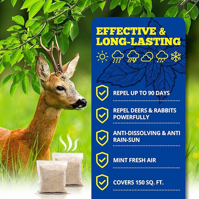 Deer Repellent 12 Pouches, Rabbit Repellent Outdoor for Plants, Natural Deer Deterrent Keep Deer and Rabbit Out of Garden Yard, Powerful Deer Repellent for Orchard Plants Trees Vegetables Flowers