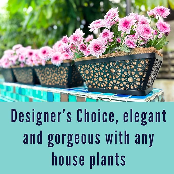 LaLaGreen Window Boxes Planters for Outdoor Plants (12 Inch, 4 Pack) Small and Cute Black Metal Fence Hanging Flower Box Basket with Coco Liner Unique Horse Troughs Balcony Garden Pot Patio Porch Rail