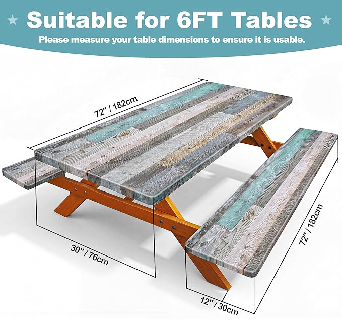 Picnic Table Cover with Bench Covers 6FT Farmhouse Waterproof Windproof Fitted Outdoor Wood Tablecloth with Elastic Rectangle Table Cloth Camping Essentials (Green)