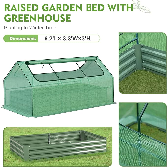 BPS Raised Garden Bed Set, 6x3x1 FT Metal Bottomless Flower Bed with PE Cover for Outdoor Planting, Green