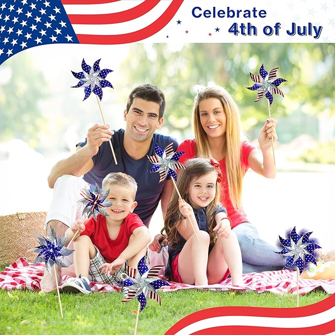 HOOSUN 10 Pcs 4th of July Pinwheels for Yard and Garden 4th of July Decorations,American Flag Patriotic Pinwheels to Scare Birds Away,Red White Blue Reflective Wind Spinners,Memorial Day Decorations