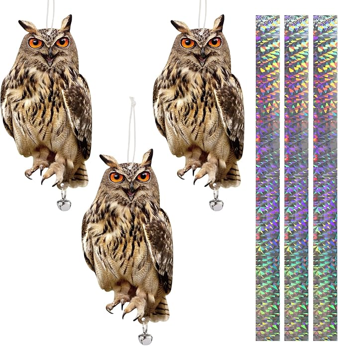 Hanging Plastic Owls for Gardens, 3PCS Reflective Hanging Owl Decoration Woodpecker Control Device with Reflective Tape, Jinging Bell for Garden Patio Windows
