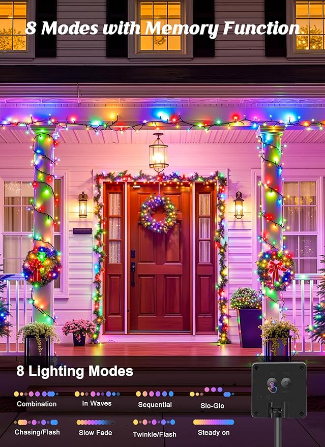 Brightown Solar String Lights Outdoor, 2 Pack Total 80FT 200 LED Solar Powered String Lights Waterproof with 8 Modes, Auto On/Off, Patio Lights for Outside Tree Garden Balcony Party Decor (Multicolor)