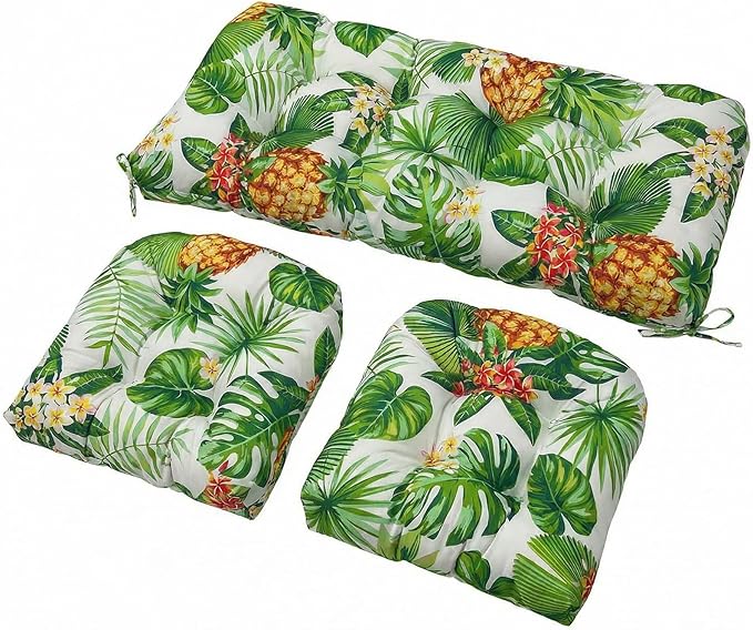 Wicker Chair Cushions Set, 2 U-Shaped Cushions & 1 Loveseat, Waterproof Outdoor Loveseat Cushion for Patio Furniture, Settee Bench Pad All Weather,Pineapple