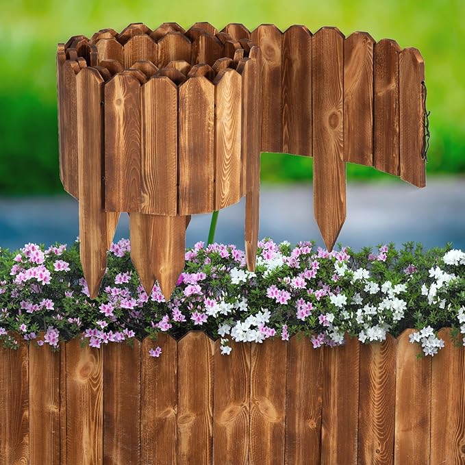 LINSHRY Wood Garden Fence, 8in (H) x 4ft (L) Wood Garden Edging Decorative Landscape Edging Border, Outdoor Fence for Yard Tree Flower Bed Edging Borders(Brown)
