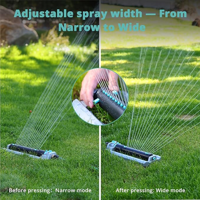 QUOBAS Heavy Duty Oscillating Sprinkler, 18-Hole Nozzle with Zinc Alloy Metal Base, Adjustable Flow Control & Spray Width, with Cleaning Pin, Garden, Yard