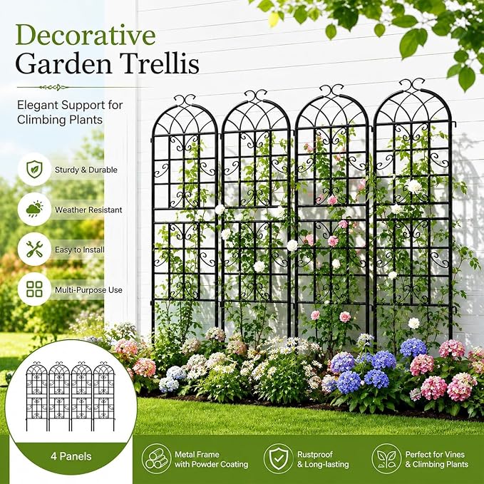 4 Pack Garden Trellis for Climbing Plants Outdoor, 71"H x 20"W Rust-Resistant Metal Plant Support for Rose, Vine, Cucumber & Clematis, Decorative Scrollwork Trellis for Yard, Lawn or Wall Decor