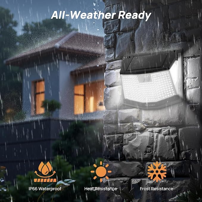TECKNET 248 LED Outdoor Solar Lights & Motion Sensor 8 Pack, 300° Angle & 3 Lighting Modes Solar Lights Outdoor Waterproof, Solar Powered Security Flood Wall Lights IP66 for Outside/Yard Fence/Garden