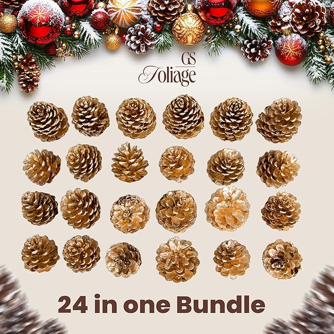 Natural Austriaca Pine Cones for Crafts - 2-3 Inch Real Pinecones for Christmas Decorating Ornaments, Holiday Decor Vase Filler - Rustic Woodland Dried Pine Cones - Set of 24 – GOLD PAINTED