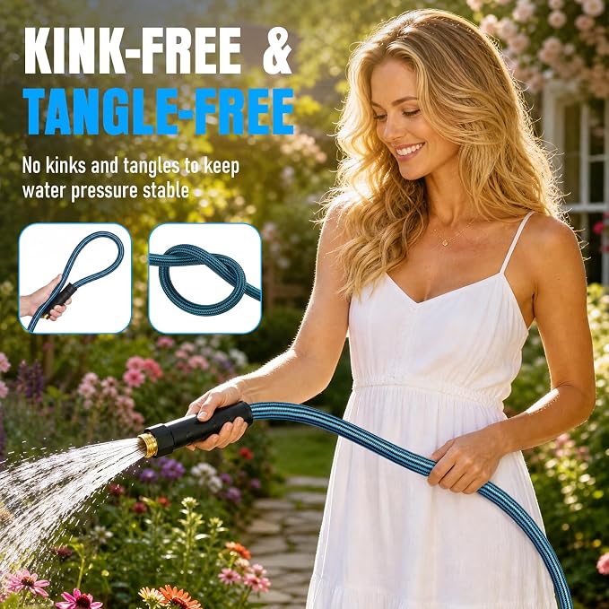 NON-EXPANDABLE Garden Hose 50 ft, Heavy Duty Flexible Water Hose, Kink Resistant Lightweight Hybrid Hose with Durable Fabric Skin, Leakproof Hose Male to Female Fittings