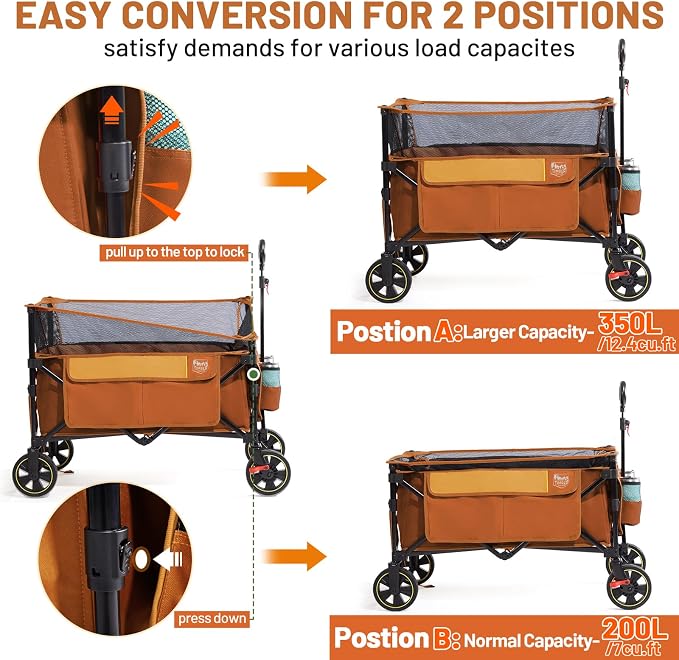 Timber Ridge 350L Extra Large Collapsible Folding Wagon Carts with Brake, Heavy Duty Outdoor Camping Utility Wagons with Extended Height, Adjustable Handle, Cup Holders, Side Bag(Orange)