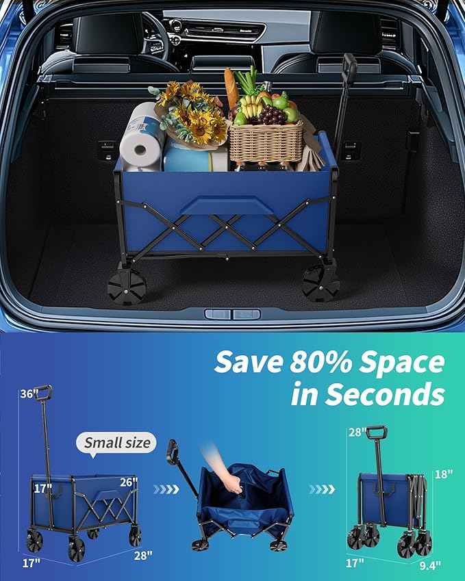 Kitsure Collapsible Wagon with Wheels, Foldable Dog Wagon Carts with 200lbs Load Capacity, Utility Shopping Cart, Blue, 28.0" x 17.0" x 36.0"