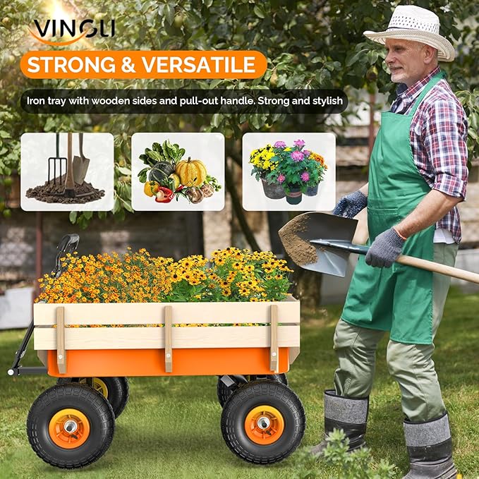 VINGLI Wagon Cart, Steel Frame and Wood Coated Railing, 330lbs All Terrain Wagon 9.2in Tires for Garden and Outdoor (Orange)