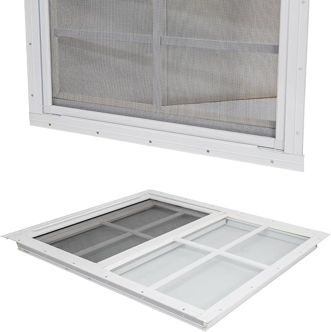 Yuzzy 24" x 27" Shed Windows with Tempered Glass and Fiberglass Screen, 2 Pack Small Sliding Windows for Shed, Chicken Coop, Playhouse, Household, Garage, Barns (White)