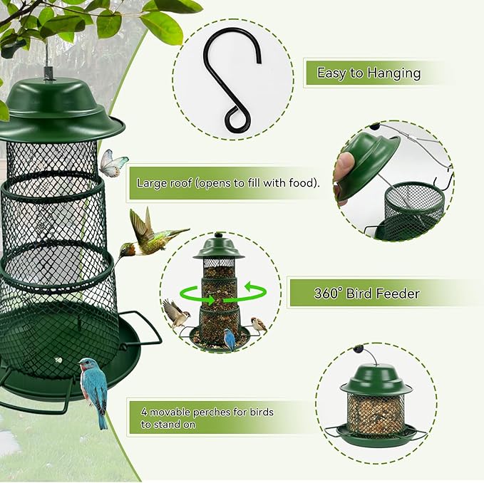 Green Metal Bird Feeder – Squirrel-Resistant Hanging Feeder with 4 Perches | Large Seed Capacity, 360° Mesh for Backyard & Garden, Round