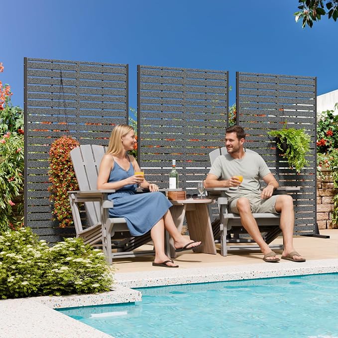 Privacy Screen Outdoor 60" Hx35 W Freestanding Privacy Panel with Stand, HDPE Decorative Privacy Fence with Sandblasting Louver Pattern, Patio Divider Screen, Privacy Screens for Outside