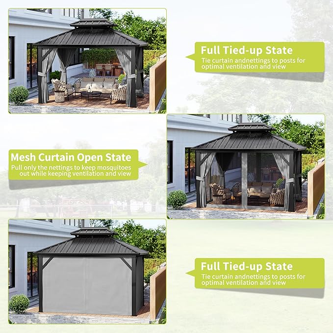 10' x 12' Hardtop Gazebo, All Weather Heavy Duty Aluminum Frame Double Metal Roof Outdoor Gazebo, Gray Patio Pavilion with Mesh Netting & Privacy Curtains, Perfect for Backyard, Garden, Porch & Poolsi