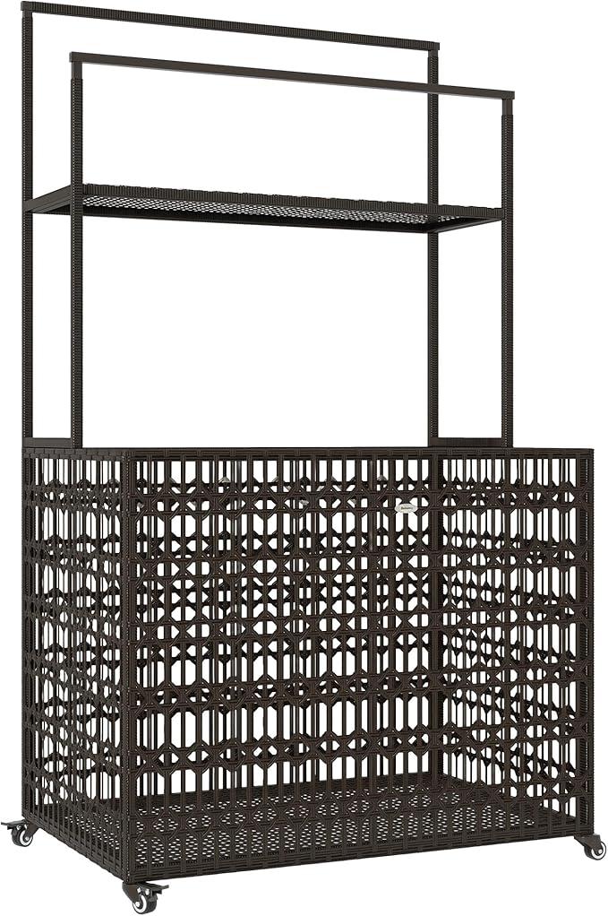 Outsunny Wicker Pool Float Storage Organizer, PE Rattan Pool Float Holder with Basket Shelf Towel Bars, Rolling Pool Caddy for Floaties, Noodles, Life Vests, Beach Balls, Brown