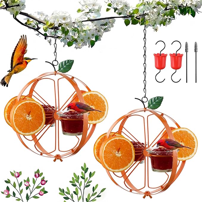Oriole Feeder with Jelly Cups and Orange Holders, Oriole Bird Feeder for Outdoors Hanging, Foldable Orange-Shaped Jelly Feeders with Glass Bowls for Grape Fruit(2 Pack)