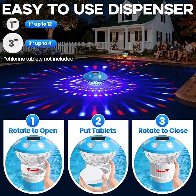ChlorBlu2026 Upgrade Solar Chlorine Floater,Chlorine Floater with Colorful Lights,Buttons Control Floating Chlorine Dispenser for Pool,Adjustable Pool Chlorine Floater,Large Chlorine Pool Floater,Blue