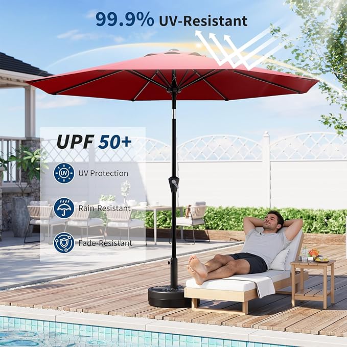 GarveeLife 10FT Umbrella Outdoor Patio, Table Umbrella with Push Button Tilt and Crank, 8 Sturdy Ribs Waterproof UV Protection for Garden, Pool, Deck, Backyard, Market (Red)