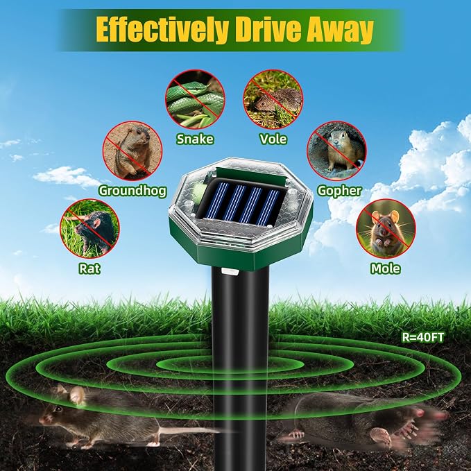 2026 Solar Mole Repellent for Lawns,Gopher Vole Repellent Ultrasonic Outdoor Mole Stakes Spike Deterrent for Yard, Solar Rodent Repeller for Moles Gophers Groundhogs Snakes Burrowing Animals, 8 Pack