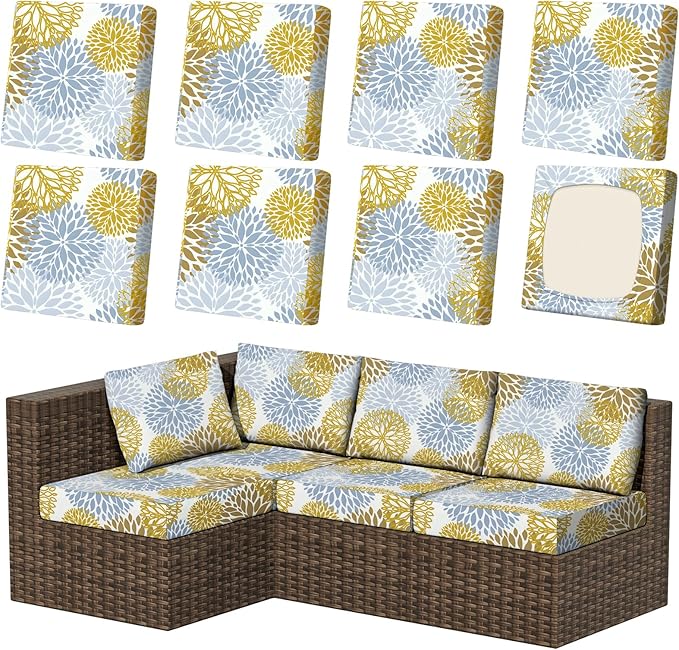 8Pcs Patio Stretch Cushion Covers, Outdoor Couch & Sofa Replacement Slipcovers for Patio Furniture Cushion Covers, Washable Reusable Furniture Protector, Square Large, Floral