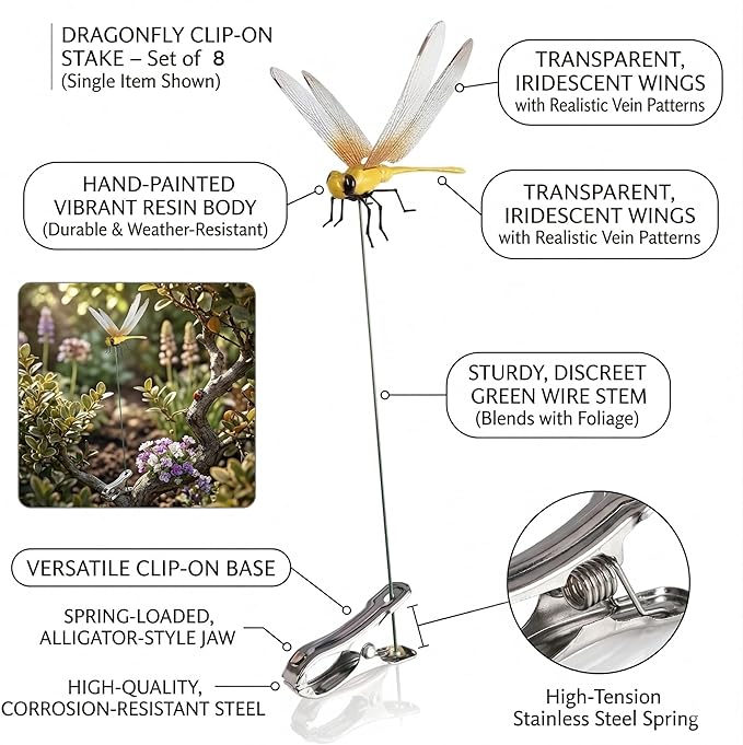 8PCS Dragonfly Clips,3D Colorful Fake Dragonflies,Plastics Dragon Fly Hat Clips,Fake Dragon Fly for Outdoor,Indoor, Garden Stakes Yard Patio