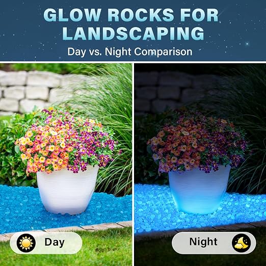 PoYang 2000pcs Glow in The Dark Rocks Outdoor - Blue Resin Glowing Pebbles for Landscaping, Garden, Fish Tank and Aquarium Indoor Decor, Powered by Sunlight or Lamplight (0.4"-0.7"/pc, 2.4lbs/Bag)